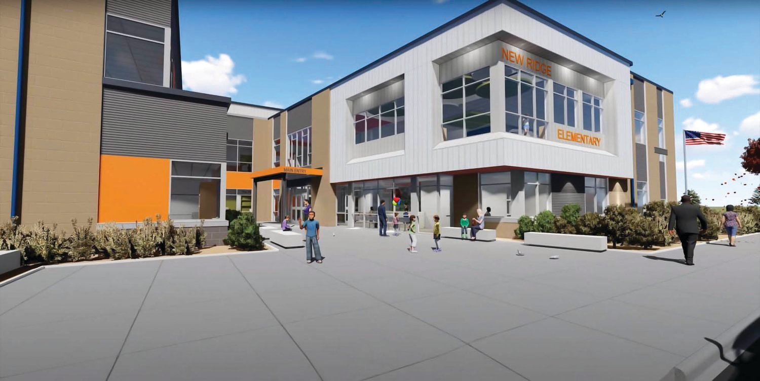 This rendition of the front of the planned elementary school in the Ridgefield School District shows the building the district hopes to construct if voters approve a $62.6 million construction bond..